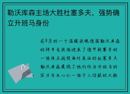 勒沃库森主场大胜杜塞多夫，强势确立升班马身份