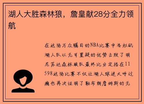 湖人大胜森林狼，詹皇献28分全力领航