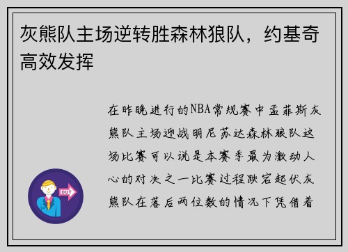 灰熊队主场逆转胜森林狼队，约基奇高效发挥