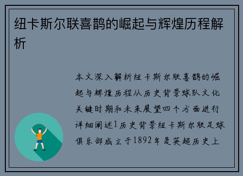 纽卡斯尔联喜鹊的崛起与辉煌历程解析