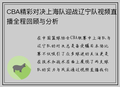 CBA精彩对决上海队迎战辽宁队视频直播全程回顾与分析