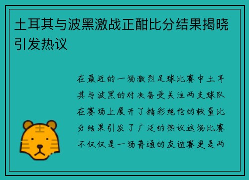 土耳其与波黑激战正酣比分结果揭晓引发热议
