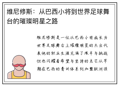 维尼修斯：从巴西小将到世界足球舞台的璀璨明星之路