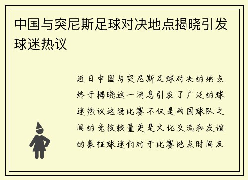 中国与突尼斯足球对决地点揭晓引发球迷热议
