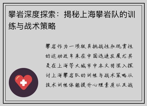 攀岩深度探索：揭秘上海攀岩队的训练与战术策略